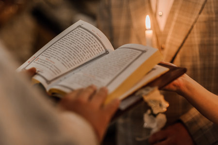Wedding decoration in the church, candles, blurred backgroundの写真素材