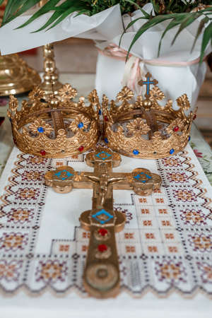 Wedding decoration in the church, candles, blurred backgroundの写真素材
