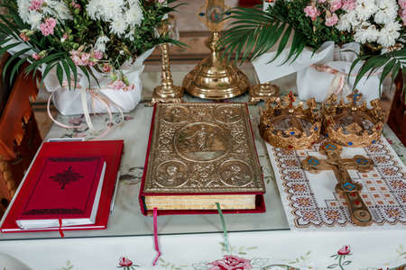 Wedding decoration in the church, candles, blurred backgroundの写真素材