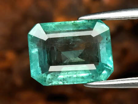 Natural gemstone green emerald in tongs on a background