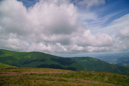 Summer mountain landscape, forest, clouds. Mount Gemba Pylypets Ukraine. Ukrainian mountains Carpathians, Transcarpathiaの写真素材
