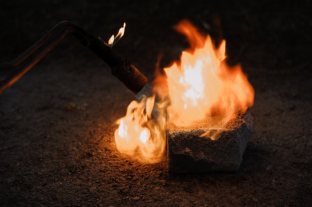 Coal on fire. Ignition of square coal with a gas burner on a stone