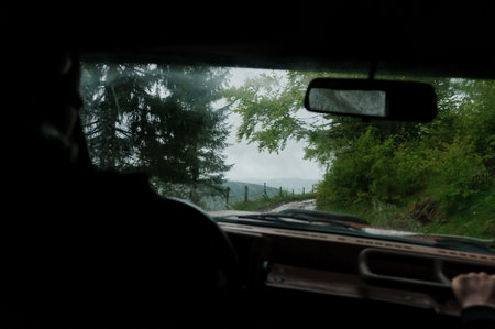 The view from the car window is a landscape of mountains, a forest against the backdrop of...