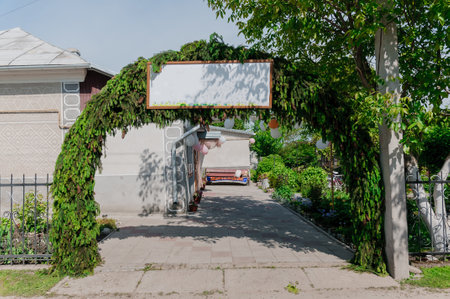 Wedding arch made of spruce, flowers and balloons. Celebration of a children's party.の写真素材