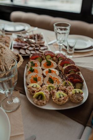 Canape with red caviar. Festive buffetの写真素材