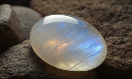 Natural precious moonstone on a brown background. Natural stone adulariaの写真素材