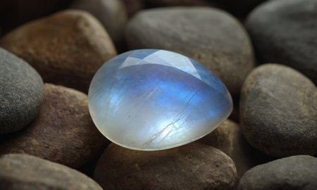 Natural precious moonstone on a brown background. Natural stone adulariaの写真素材