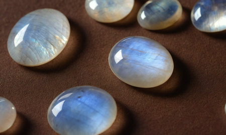 Natural precious moonstone on a brown background. Natural stone adulariaの写真素材