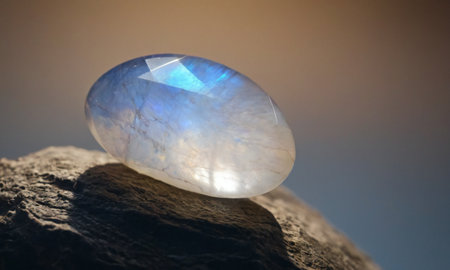 Natural precious moonstone on a brown background. Natural stone adulariaの写真素材