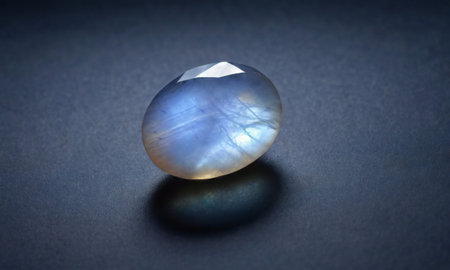 Natural precious moonstone on a dark gray background. Natural stone adulariaの写真素材
