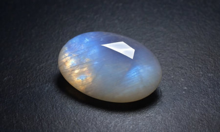 Natural precious moonstone on a dark gray background. Natural stone adulariaの写真素材