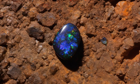 Natural gem black rainbow opal on brown backgroundの写真素材