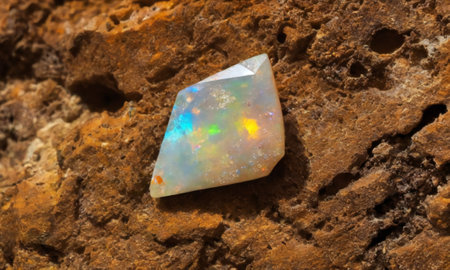 Natural gem black rainbow opal on brown backgroundの写真素材