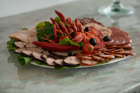 Slicing different types of meat. Meat snacks on the table. wedding buffet. Cateringの写真素材