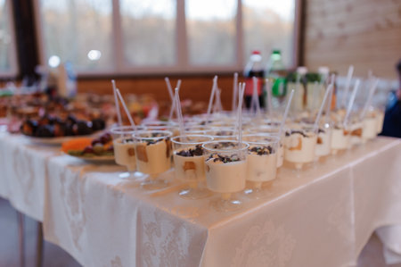 Sweet cakes at a wedding banquet. Catering, sweet festive buffet. Cookies, chocolate barの写真素材