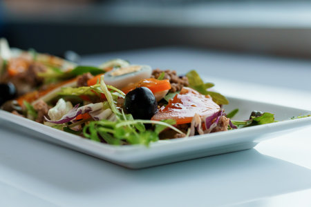 Salad with cabbage, cucumber, egg, onion, tuna and olive oil on a white saucerの写真素材