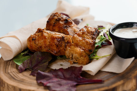 Chicken and pork shashlik with grilled vegetables on a wooden board