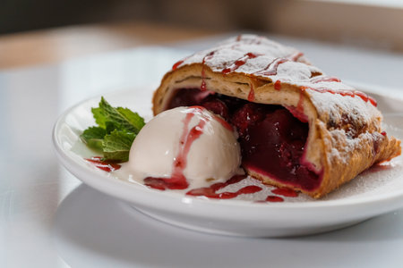Dessert strudel with cherry and ice cream on a plateの写真素材