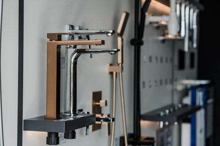 Elegant Display of Luxury Modern Faucets in Showroom Setting.の写真素材