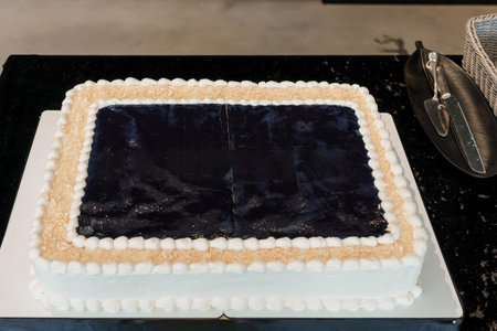 Elegant Black and White Rectangular Celebration Cake with Decorative Border.