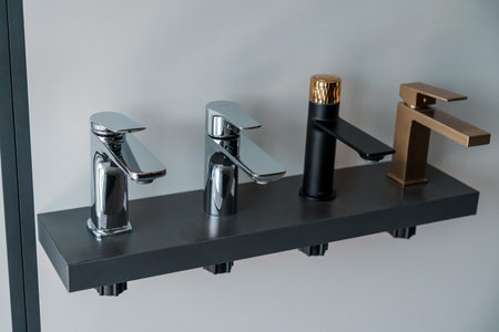 Elegant Modern Faucet Collection Display on Sleek Black Shelf.の写真素材