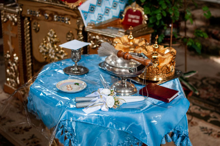 Elegant Orthodox Wedding Table with Ritual Elements and Crown.の写真素材