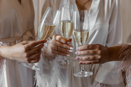 Elegant Celebration with Champagne Toast in Luxurious Satin Robes.の写真素材