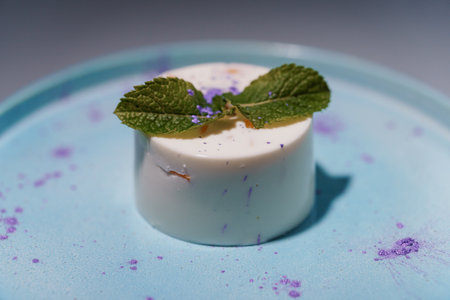 Elegant Gourmet Dessert with Mint Garnish on Pastel Blue Plate with Artistic Lavender Sprinkles.の写真素材