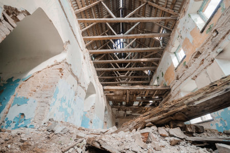 Abandoned Sanctuary: A Glimpse into Decay and Nature's Reclaim.の写真素材