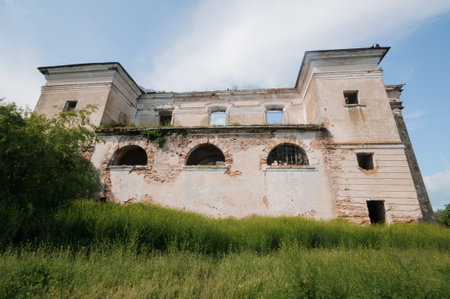 Majestic Ruins of an Abandoned Historic Mansion Surrounded by Lush Greenery.の写真素材