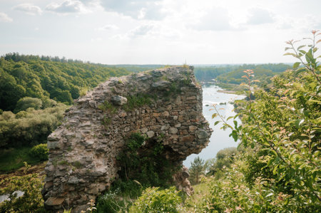 Enchanted Ruins Overlooking Serene Waterscape.の写真素材