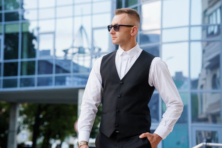 Stylish Young Man in Classic Formal Attire Posing Confidently in Urban Setting.の写真素材