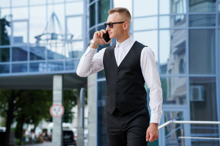 Stylish Businessman in a Modern City Setting Engaged in a Phone Call.の写真素材