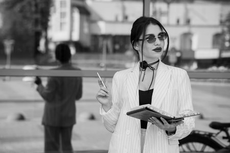 Stylish businesswoman in sunglasses holding a tablet and pen while standing near a glass window reflection.の写真素材