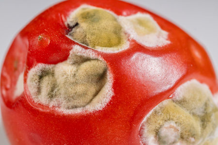 Vibrant Red Tomato with Mottled Green Mold Spots.の写真素材