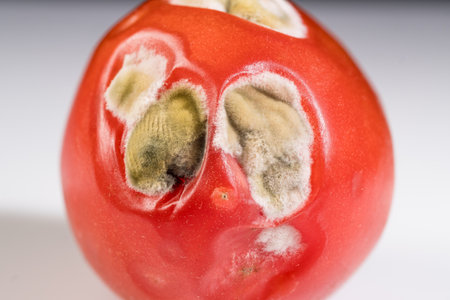 Ripe Tomato with Moldy Patches Displaying Signs of Decay and Spoilage.の写真素材