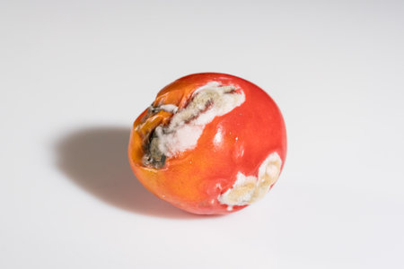 Decaying Fruit: A Close-Up of a Moldy Tomato on a White Surface.