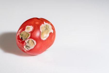 Abandoned Tomato Exhibiting Fungal Decay on a Minimalist Background.の写真素材