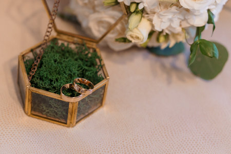 Elegant Wedding Rings Displayed in a Geometric Glass Box with Floral Accents.
