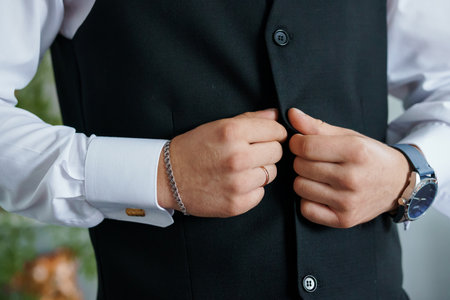 Elegant Male Attire with Focus on Hands and Accessories.