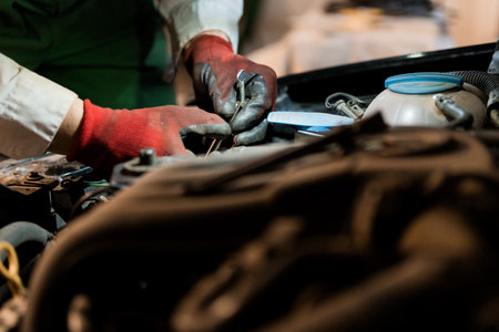Hands Working on Car Engine with Tools and Mechanical Components.の写真素材