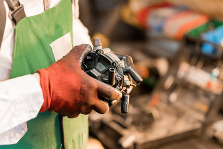 A Technician Holding a Mechanical Component in a Workshop Setting.の写真素材