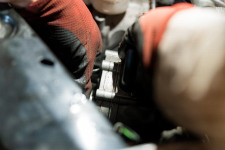 Close-up of a Mechanic's Hands Working on an Engine Component.