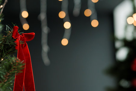 Festive Christmas Tree Decoration with Bokeh Lights Background.の写真素材