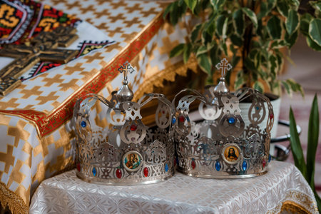 Ornate Silver Wedding Crowns with Colorful Gemstones and Religious Icons.の写真素材