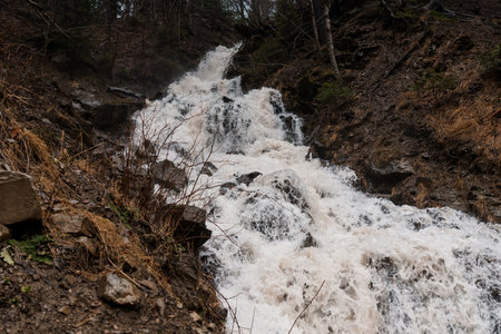 Tumbling Waterfalls Cascading Down a Rocky Forested Slope.