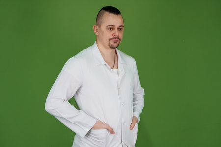 Male Medic in White Lab Coat Posing Against a Green Background.の写真素材