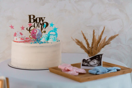 Celebration Cake for a Baby Shower with Decorative Elements.の写真素材