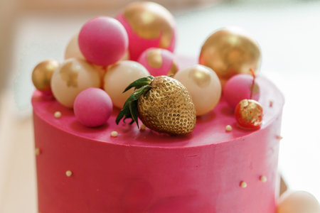 Festive Pink Cake Adorned with Golden and Pink Decorative Balls.