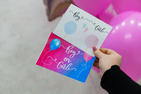 Gender Reveal Celebration Cards with Balloons and Footprints.の写真素材